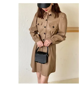 

Fashion streetwear PU dress sukienka Women fake pocket long sleeve button down mini shirt dress Solid black khaki brown clothes