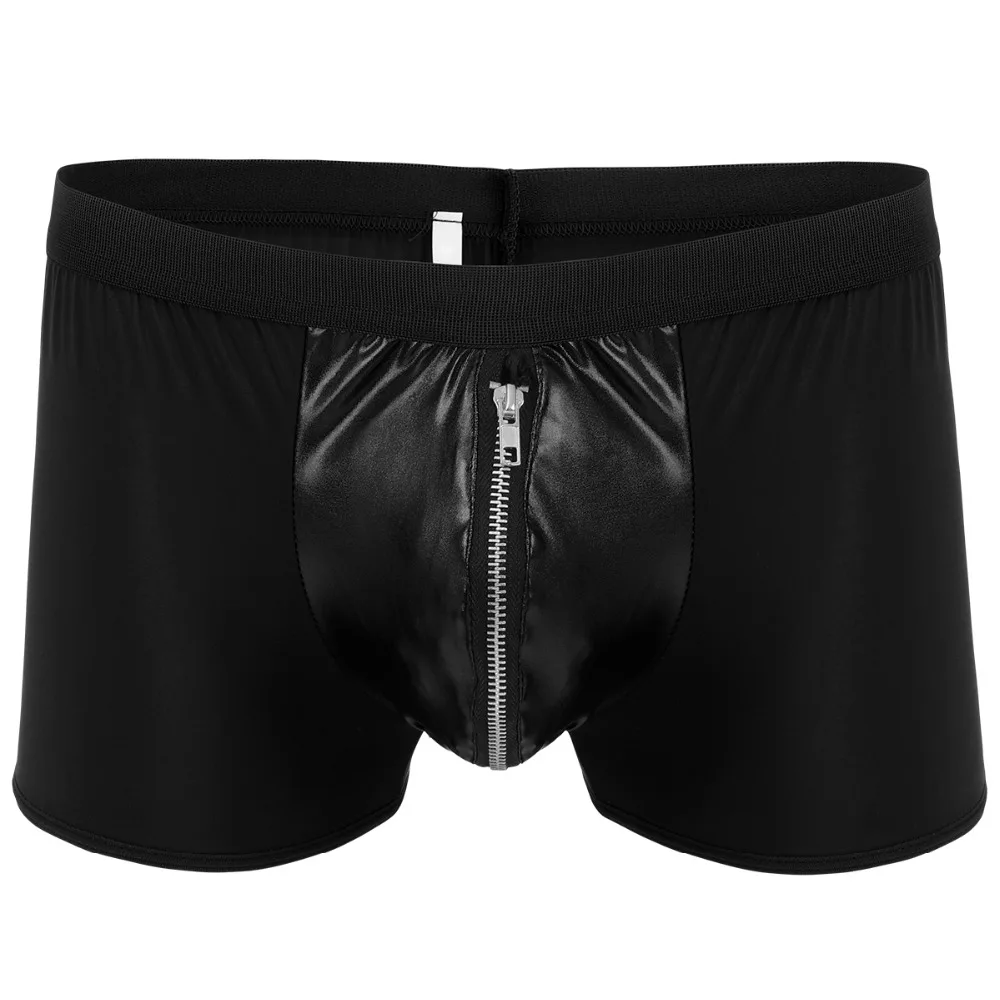 

2019 new Sexy Men Boxer Briefs Bikinis Shorts Thong Zipper PU Open Pouch Underwear Clubwear Shiny PU Leather Pants Boxer Briefs