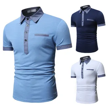 

Spring Autumn Casual Mens T-shirts Solid Blue Breathable Pockets Cotton Button Slim Fit Mens Polos T-shirts Camiseta Hombre