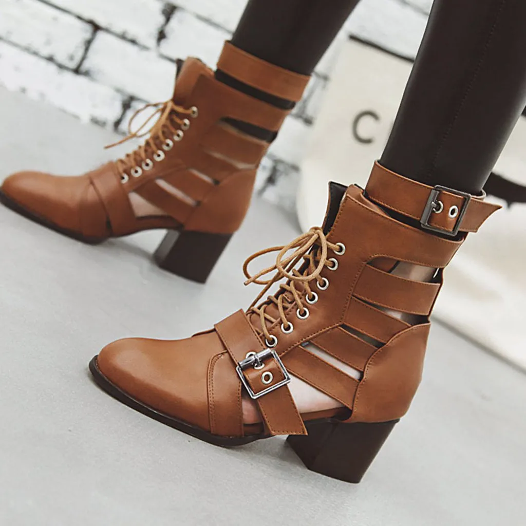 

Women Block Heels Sandals Spring Summer Booties Woman Fashion Gladiator Sandals Buckled Punk Shoes Ladies Lace Up Club Sandalias