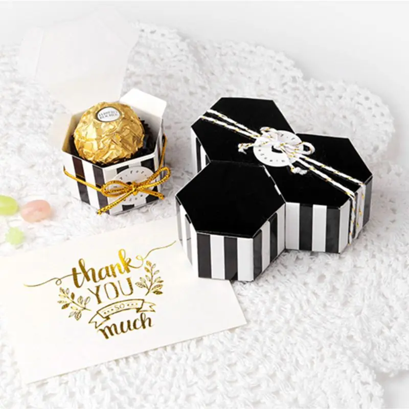 

Hexagon Candy Box Bulk with Gold Ribbon And Round Card,Black Stripes,Pack of 50