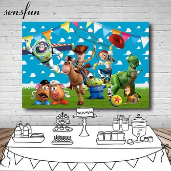 

Sensfun New Design Toy Story Party Backdrops Blue Sky Clouds Wall Green Grass Floor Bunting Boys Birthday Party Background 7x5ft