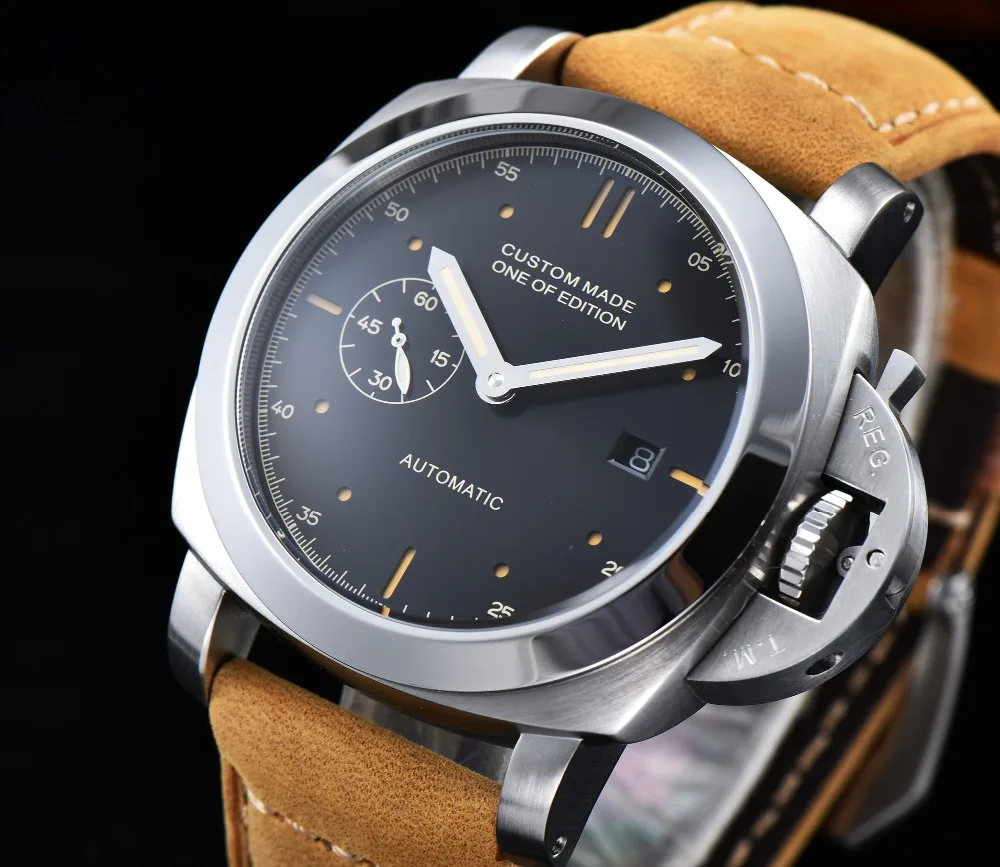 

silver stainless steel case seagull automatic movement 44MM watch men's clock yellow military leather strap a1