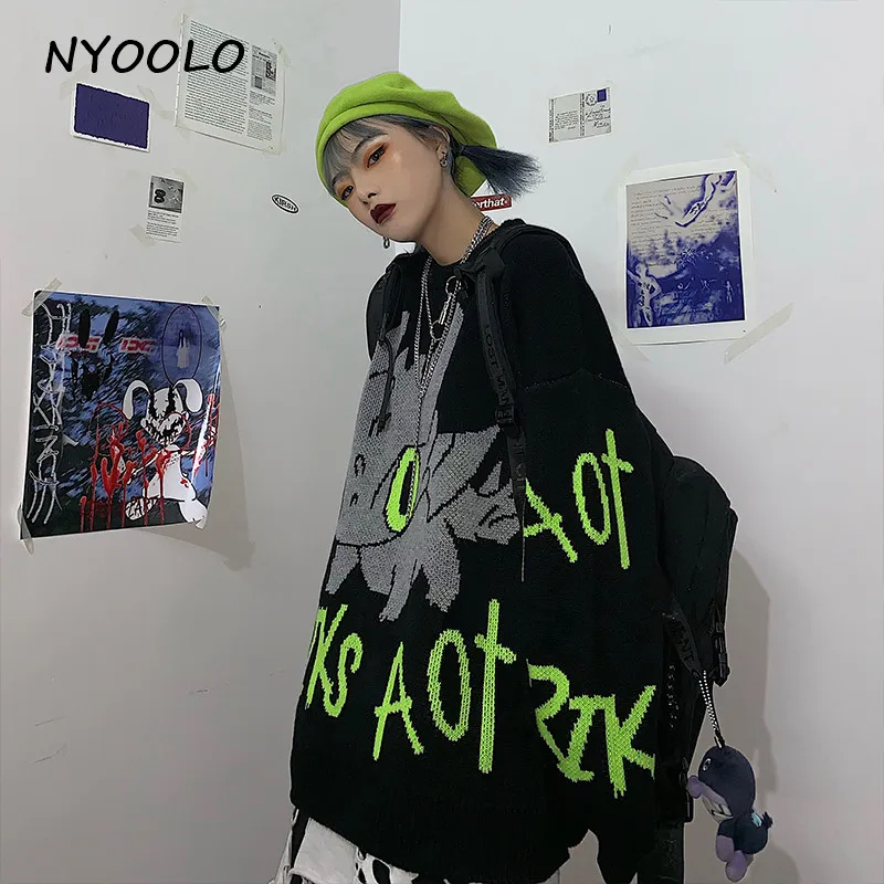 NYOOLO Harajuku Мультфильм Тритон моря буквы теплый вязаный свитер Осень Зима Свободный пуловер толстый свитер для женщин и мужчин