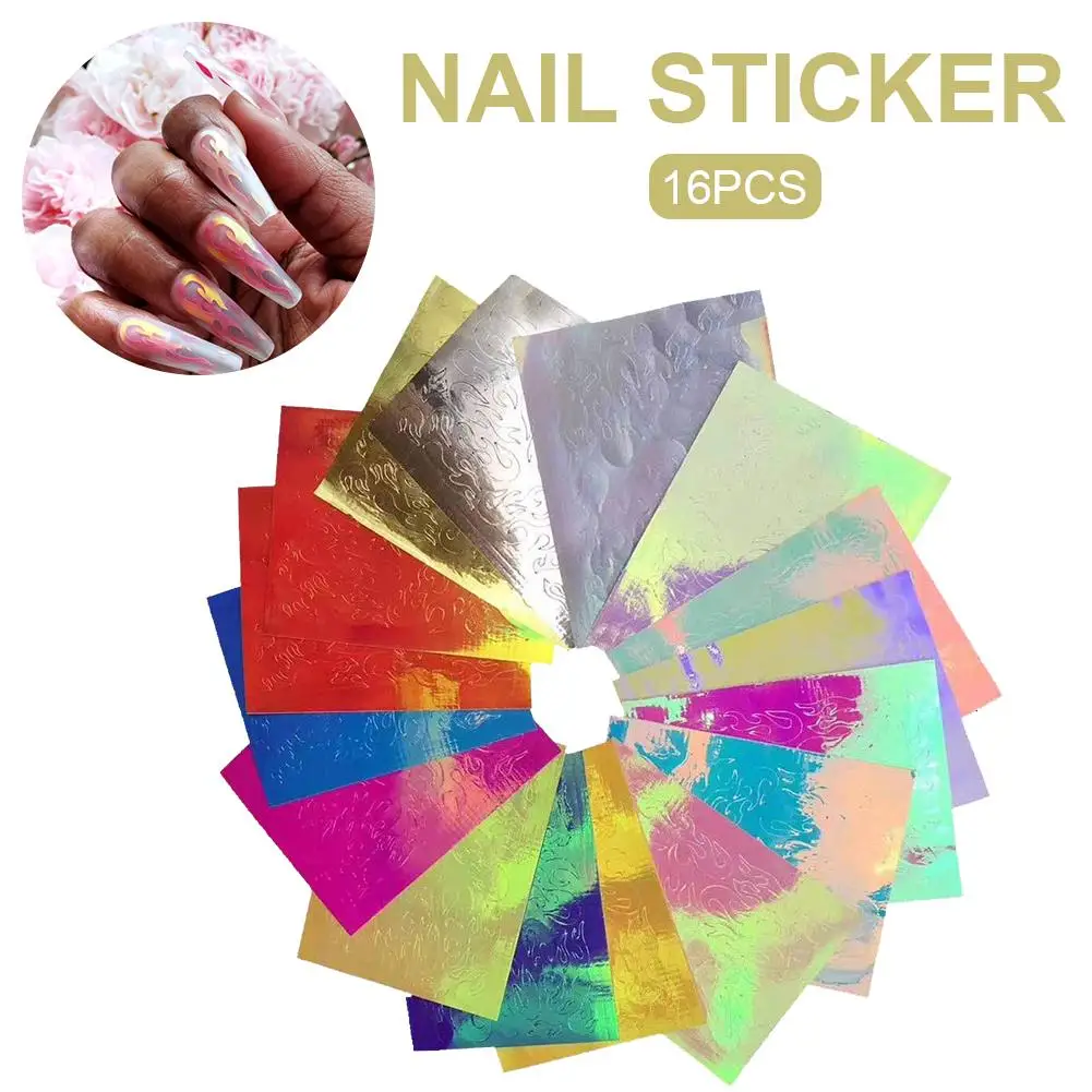 

16 PCS Holographic Fire Flame Nail Vinyls Stencil Hollow Stickers Fires On Manicure Stencil Stickers Nail Art Decoration