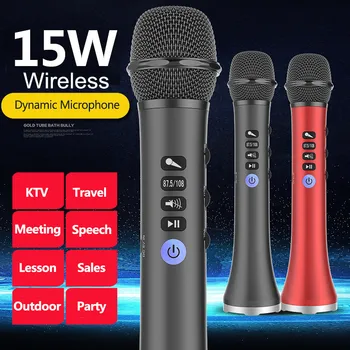 

15W Portable bluetooth Microphone Dynamic Karaoke HD Sound Wireless Mic with FM Radio for Car Home KTV Black/ Red