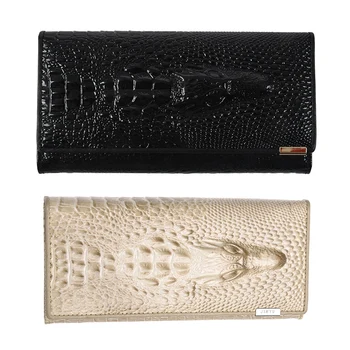 

2 Pcs Women Wallet Patent Leather 3D Embossing Alligator Ladies Crocodile Long Clutch Wallets, Black & Khaki