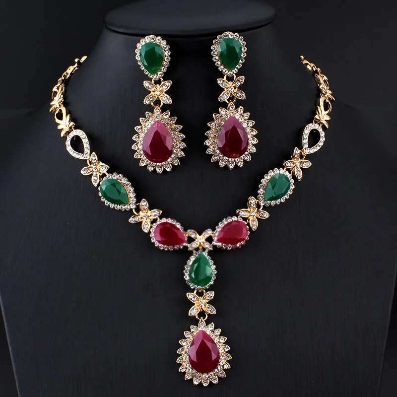 Дубай Свадебный ювелирный набор золотого цвета ожерелье Комплект сережек для женщин розовый кристалл ювелирные изделия аксессуары - Окраска металла: 2