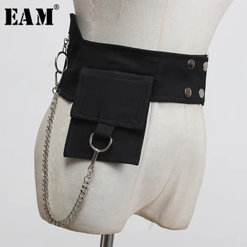 

[EAM] Metal Chain Multi-layer Pocket Black Zipper Wide Belt Personality Women New Fashion Tide All-match Spring 2020 1U282