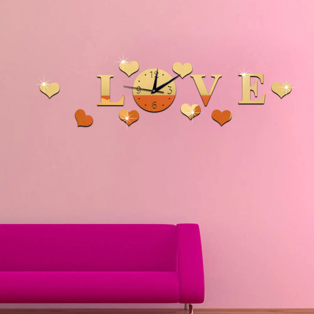 Креативные 3D наклейки на зеркало, настенные часы, наклейки на любовь, украшение для гостиной