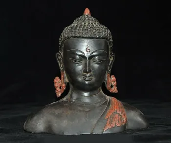 

wedding decoration 7" Old Tibet Temple Bronze Cinnabar Sakyamuni Shakyamuni buddha Head Bust Statue