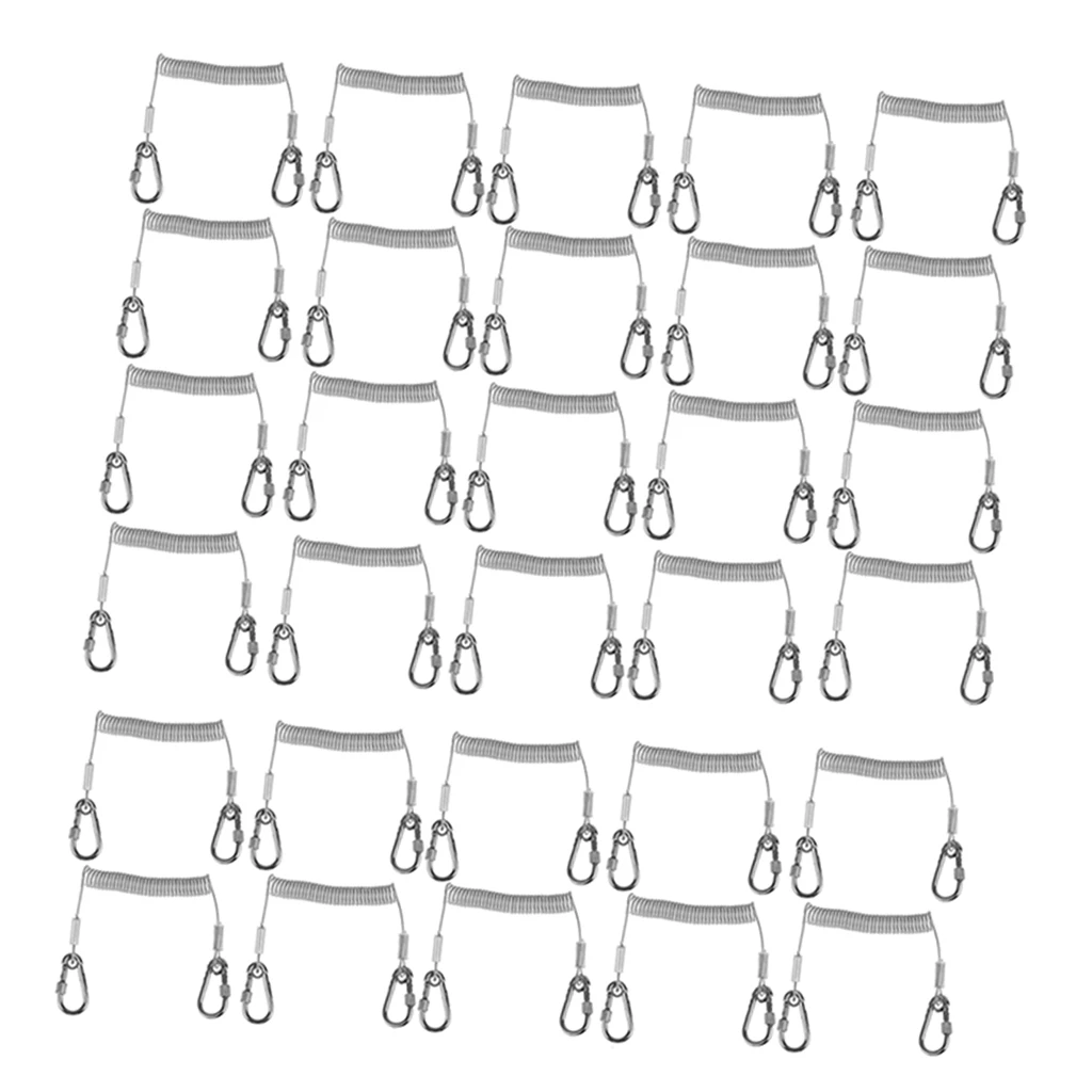 Set of 30 Fishing Lanyard Stainless Steel Retractable Coiled Tether with Carabiner for Pliers Lip Grips Tackle Fish Tools