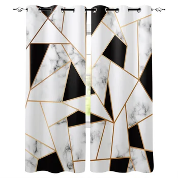 

Marble Texture White Black Square Lines Metal Splicing Window Curtains LivingRoom Kitchen Curtains Left and Right Biparting Open
