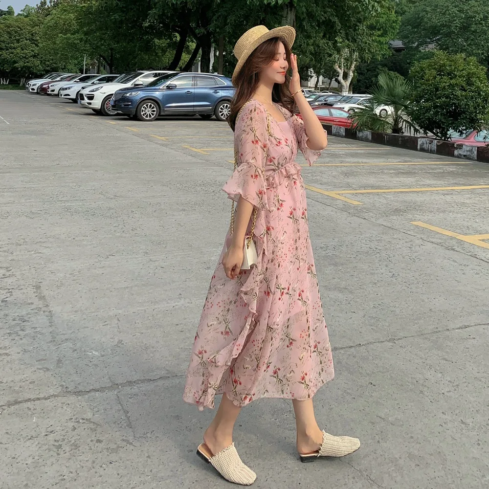 

MORI Series Pastoral Style Elegant Fairy Skirt 2019 Summer New Style Retro CHIC Chiffon Floral Piece Dress
