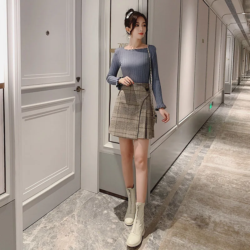 Faldas Mujer Moda, юбка с высокой талией для женщин, трапециевидная клетчатая формальная Корейская юбка, Женская Зимняя юбка 7798 50