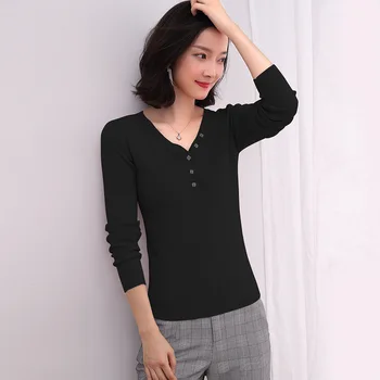 

2020 new ladies V-neck solid color button knit long-sleeved T-shirt red