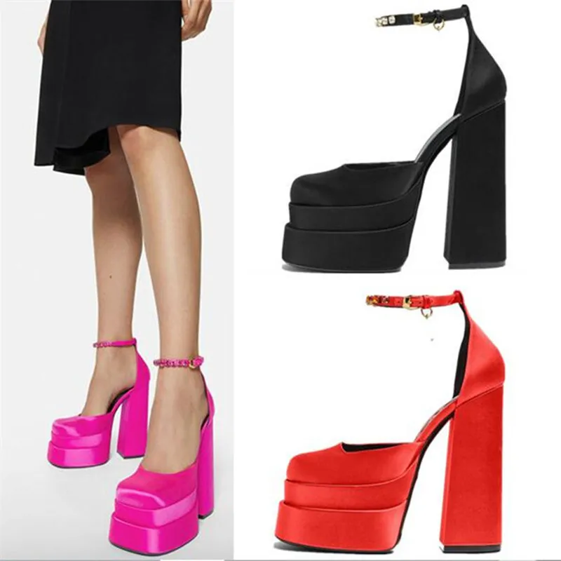 

New Summer Sandals Women's Thick High Heels Rhinestone High Waterproof Platform Sexy Party Pumps Satin Wedding Shoes Women