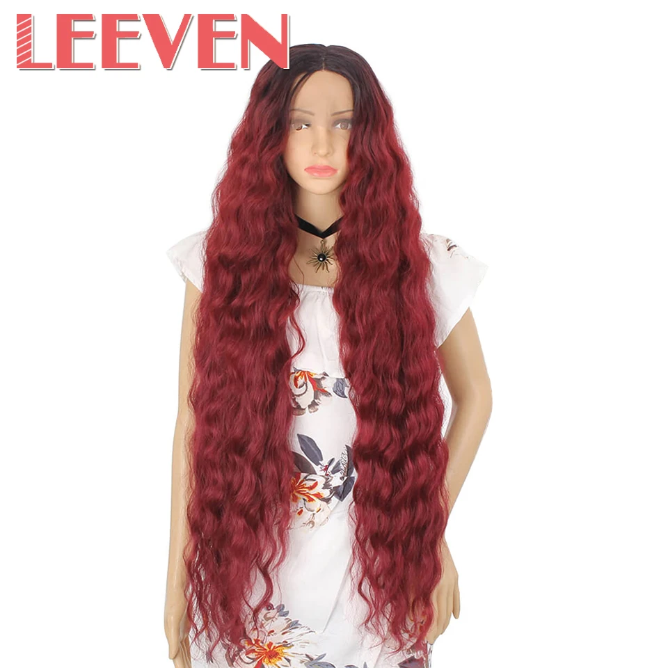 Leeven вьющиеся синтетические волосы парик черный 613 блонд парик фронта шнурка коричневый Burgendy для женщин афро Длинные Косплей волосы парики - Цвет: T1B/бордовый