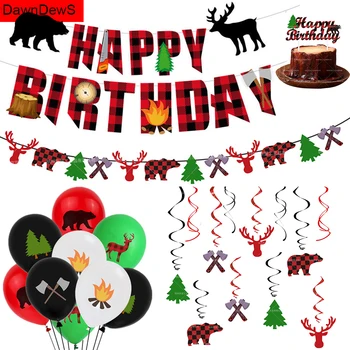 

Lumberjack Theme Party Decoration Kids Camping Wild Bear Buffalo Balloon Happy Birthday Banner Hanging Garland Baby Shower Boy