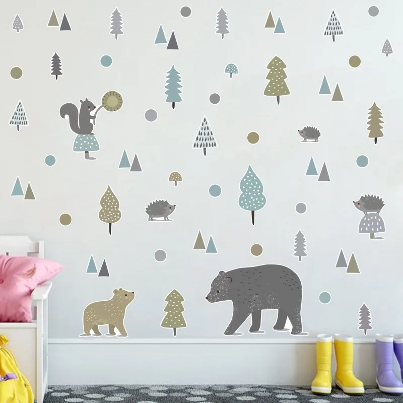 Ins Animal Polka Dots Forest Bear Wall Sticker for Nursery Kids Room Living Wallpaper Home Decor Decal | Дом и сад