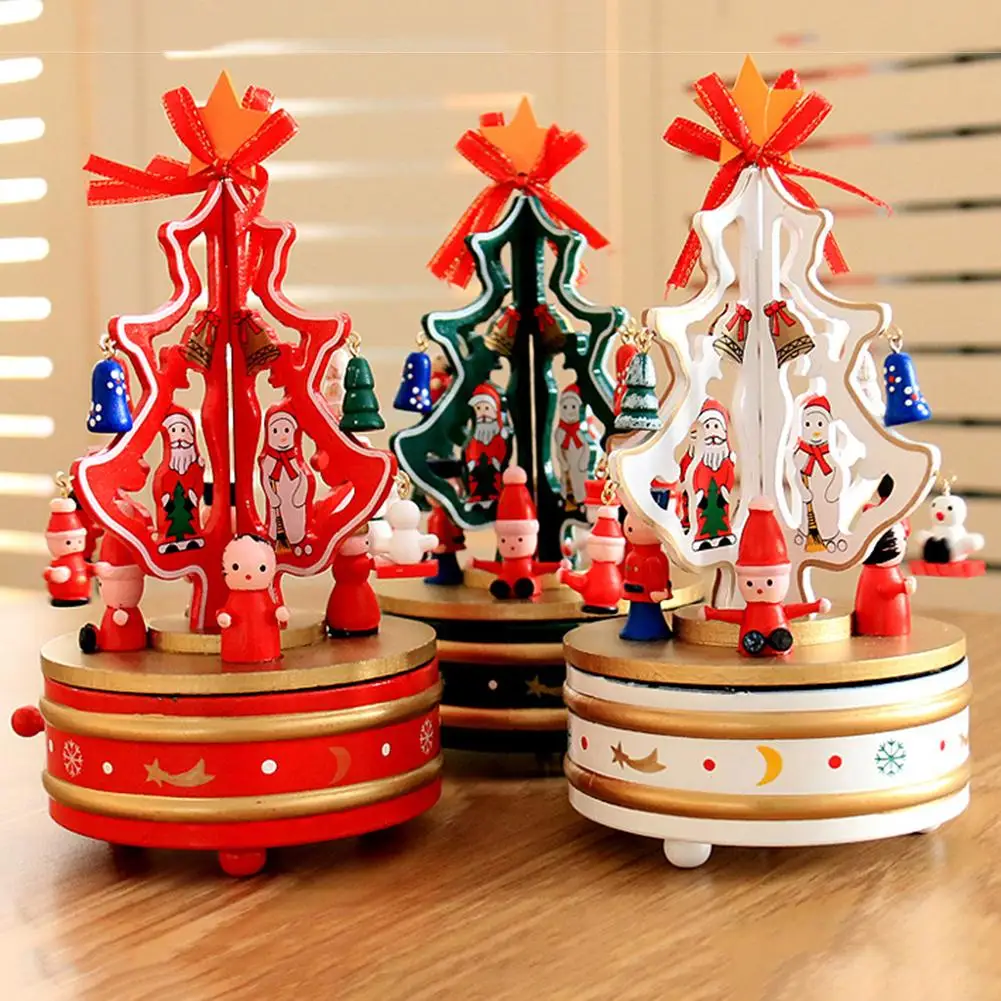 Wooden Christmas Tree Rotating Carousel Music Box Kids Toy Gift Table Decor Swivel Mom and Dad Gifts Birthday mus | Дом и сад