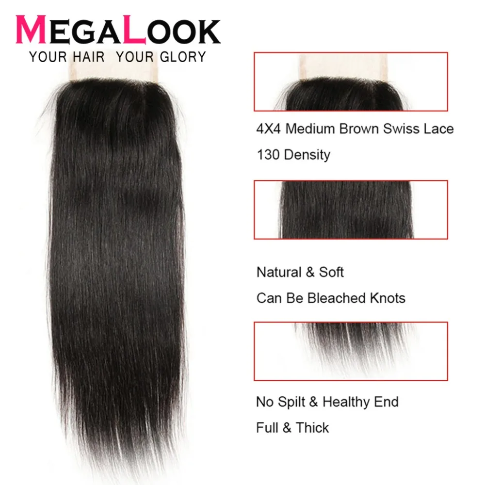 Megalook 4*4 швейцарское кружево Закрытие бразильский прямой Реми натуральные волосы закрытие натуральный цвет 10-22 дюймов