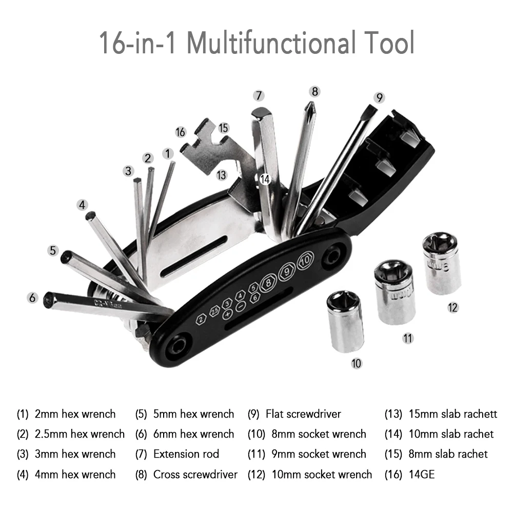 Инструменты для горного велосипеда, Аксессуары для велосипеда, наборы инструментов для ремонта, седельная сумка, Велосипедное Сиденье, 16 в 1, многофункциональный набор инструментов для ремонта горного велосипеда