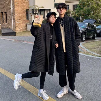 

2019 Winter New Long Solid Color Coat Couple Jacket Fashion Casual Loose Thick Single-breasted Cotton Tide Black S-2XL