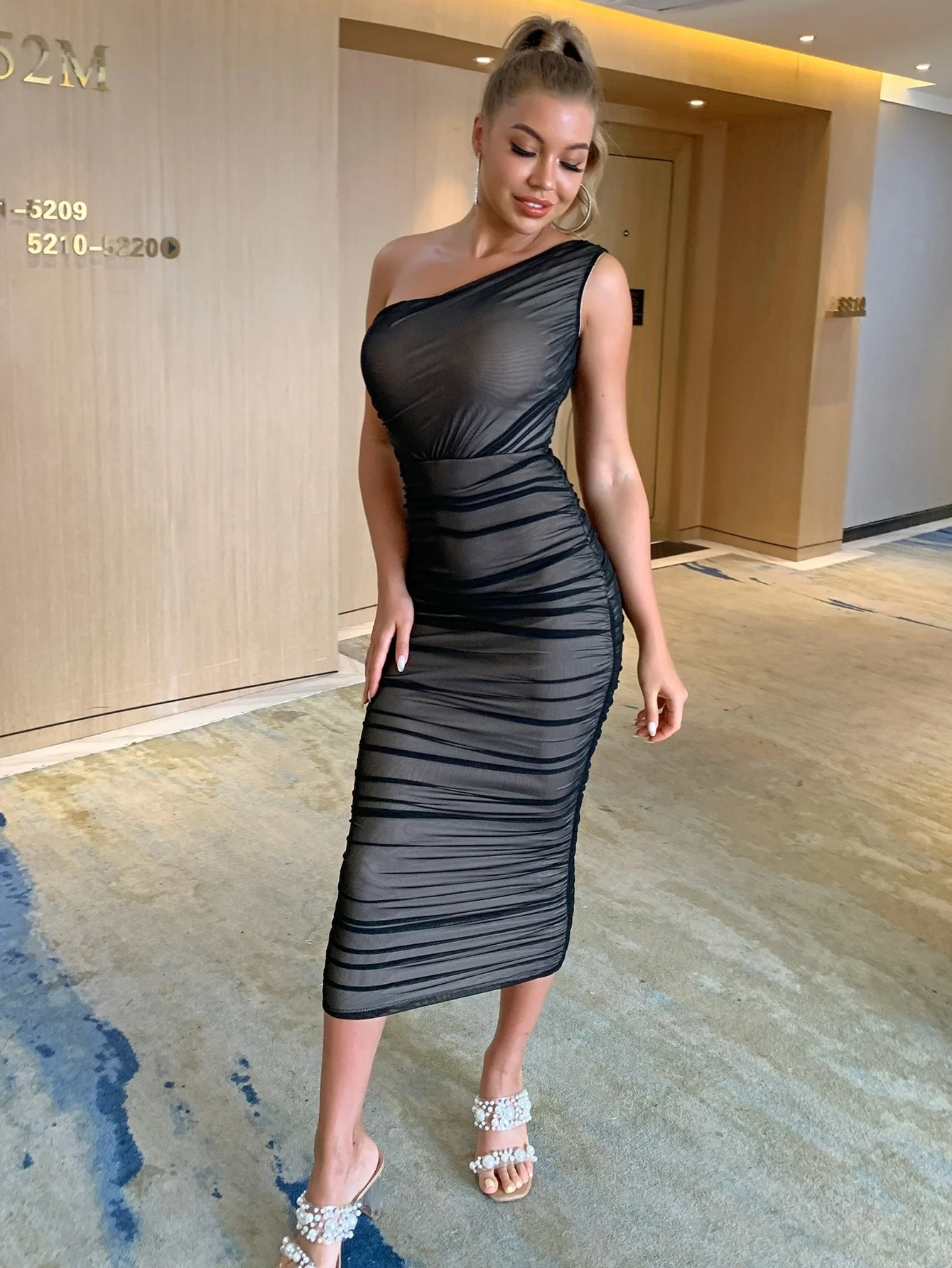 Joyfunear One Shoulder Ruched Mesh Bodycon Dress