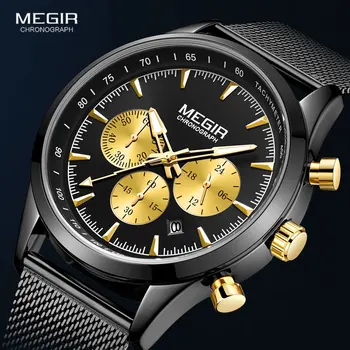 

MEGIR Fashion Mesh Strap Sports Wristwatch 2020 Luxury Waterproof Luminous Watches Men Black Gold Chronograph Quartz Watch 2153