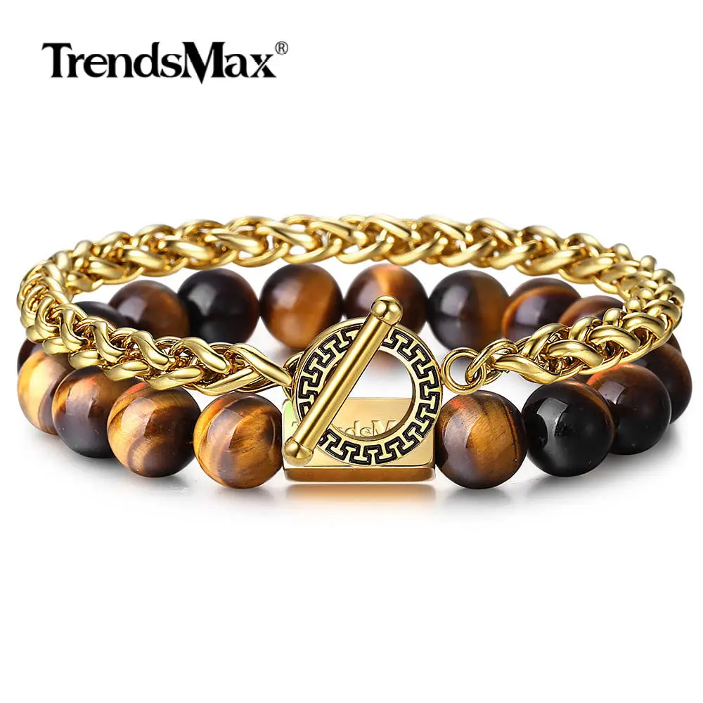 Trendsmax 2 шт./компл. Роскошные стек браслет для Для мужчин Для женщин желтый тигровый глаз стрейч браслет золото Нержавеющая сталь пшеницы цепи DLBF55