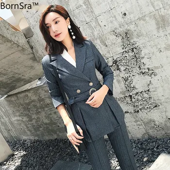 

BornSra OL Style 2 Pieces Set Striped Women Pant Suit Sashes Side Split Blazer & Elastic Waist Pencil Pant Casual Female Suits