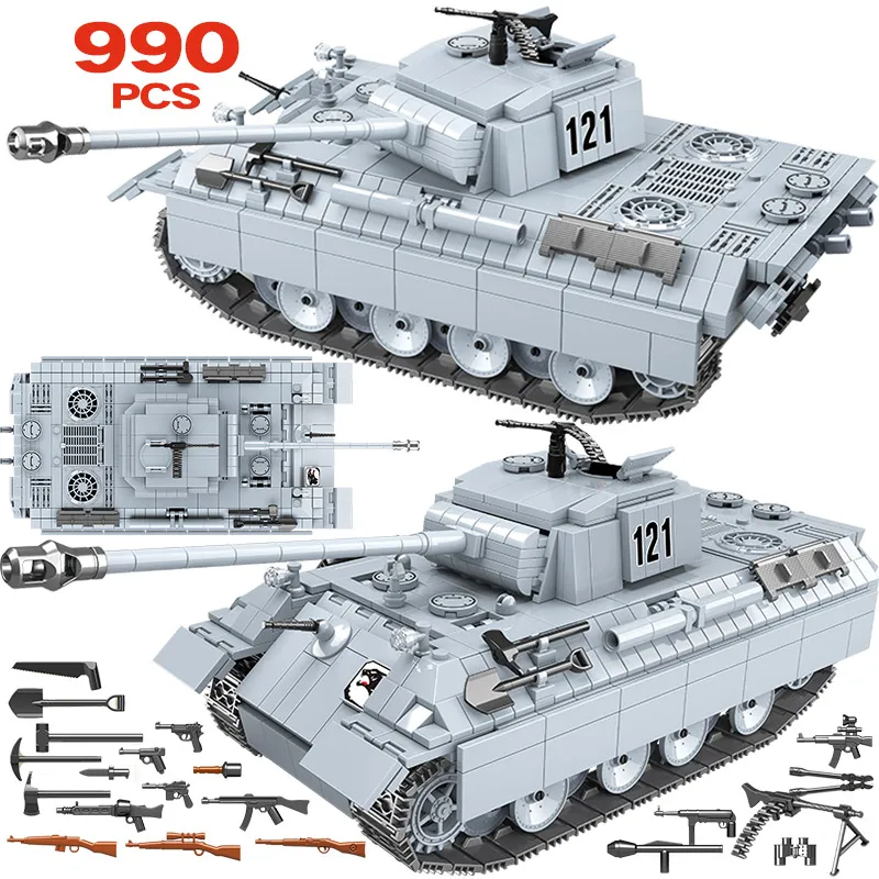 

990PCS Military Panther Tank 121 Building Blocks Legoing Technic WW2 Tank Soldier Weapon Army 100064 Bricks Toys For Children