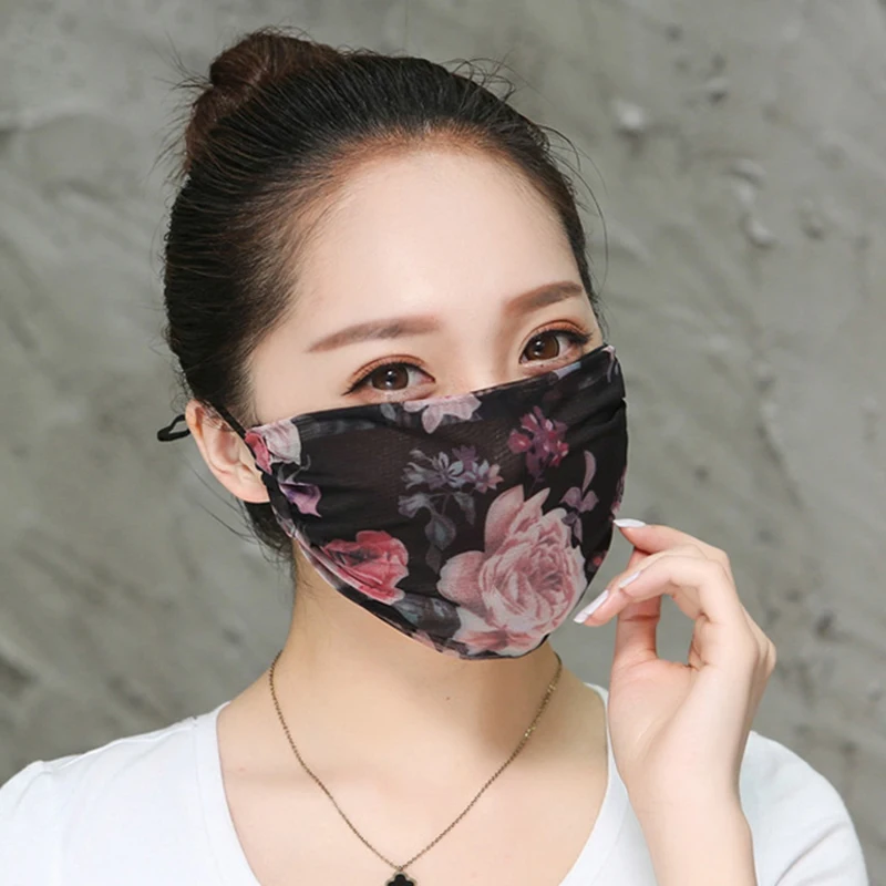 1Pcs Chiffon Floral Printed Masks For Women Summer Breathable Sunscreen Mouth Face Covers Elegant Thin Mouth-muffle Wholesale