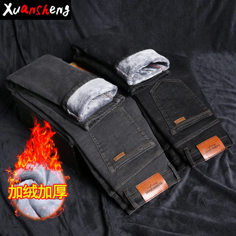 Брендовые Серые Черные Стрейчевые мужские джинсы классические прямые удобные плюшевые плюс бархатные модные флисовые теплые длинные штаны джинсы