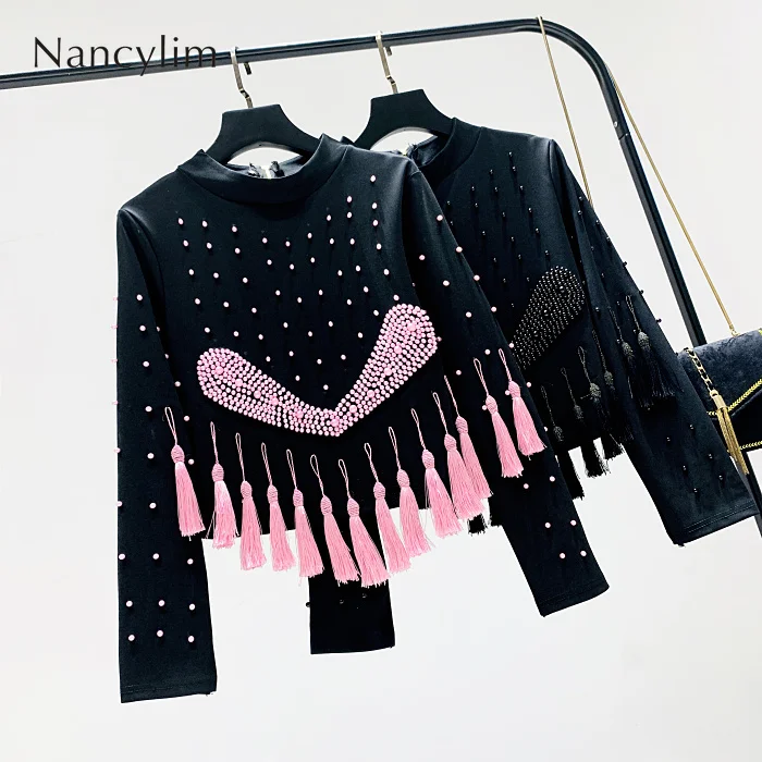 

Autumn Winter Black Hoodie Women High Collar Pink Beadded Tassel Sweatshirt Long Sleeve Blusa Shirt Ladies Slim All-match Tops