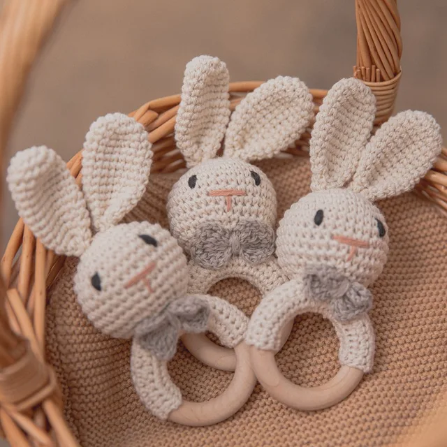 1Pc Baby Teether Crochet Rabbit Rattle Wooden Toys BPA Free Wood Rodent Rattle Baby Mobile Gym Newborn Stroller Educational Toys 1