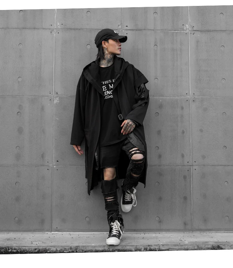 Men's sleeve ripped hole long trench coat hooded cloak man vintage punk hip hop cardigan oversized hoodie drop shipping