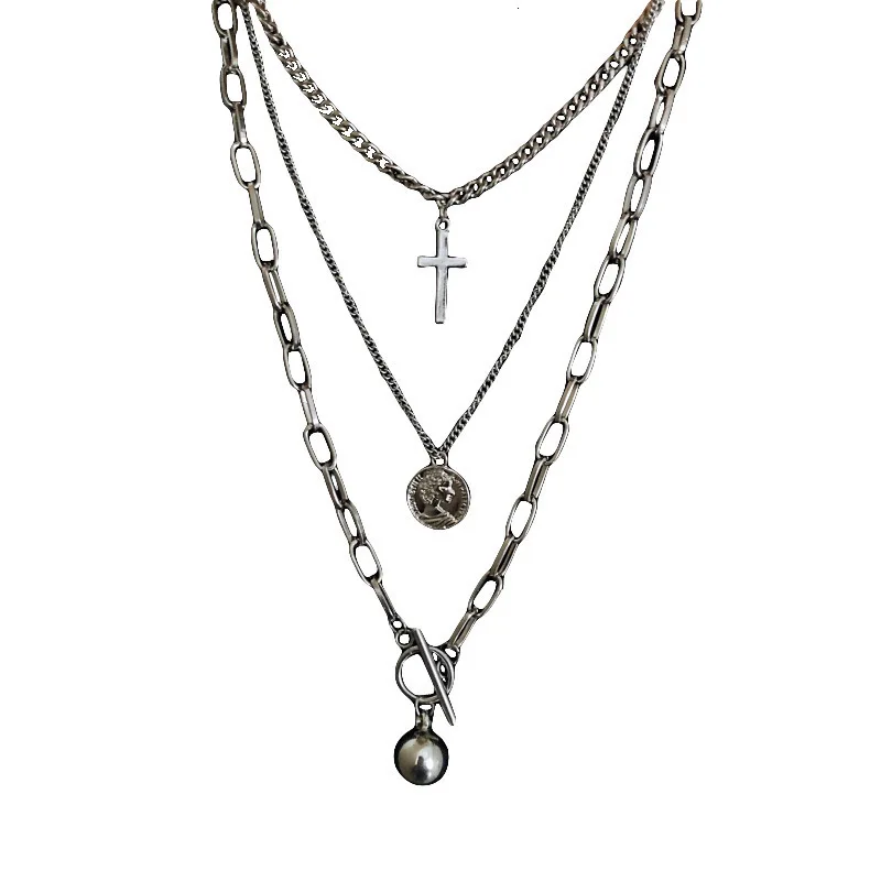 Korea Harajuku Street Hip Hop Stainless Steel Multilayer Cross Pendant Necklace Men and Women Personality Pendant Accessories