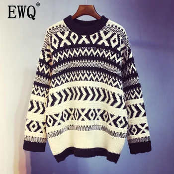

[EWQ] 2020 Spring Autumn New Striped Full Sleeve Round Collar Wild Casual Loose Thick Women's Pullover Knitted Sweater TX611