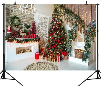 

Christmas Vinyl Background for Baby Child Family Chirstmas Party Indoor Fireplace and Christmas Tree with Lantern Photo Backdrop