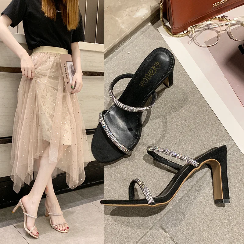 

2019 European And American Explosions Rhinestone High Heel Fashion Slippers Trend Solid Color High Heels Women Sapato Feminino