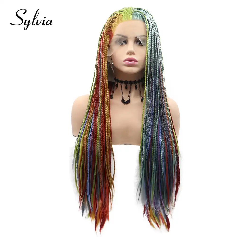 Sylvia Rainbow Multi Colored Braided Box Braids Synthetic Lace Front Wigs Half Hand Tied Braiding Heat Resistant Fiber Hair Synthetic None Lace Wigs Aliexpress