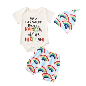 

Baby Rainbow Print 3-Piece Suit Short-Sleeve Letter Printed Jumpsuit Hat Shorts Holiday Costumes