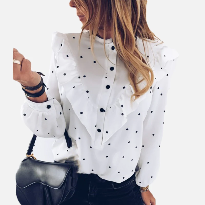 2020 Ruffle Polka Dot Print Women's Blouse O-neck Buttons Long Sleeve Blouses Female Spring Summer Casual Shirt Lady Clothing