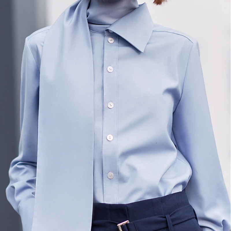 TWOTWINSTYLE повседневные Асимметричные женские блузки с высоким воротником и длинным рукавом, свободные рубашки, Женская мода, одежда