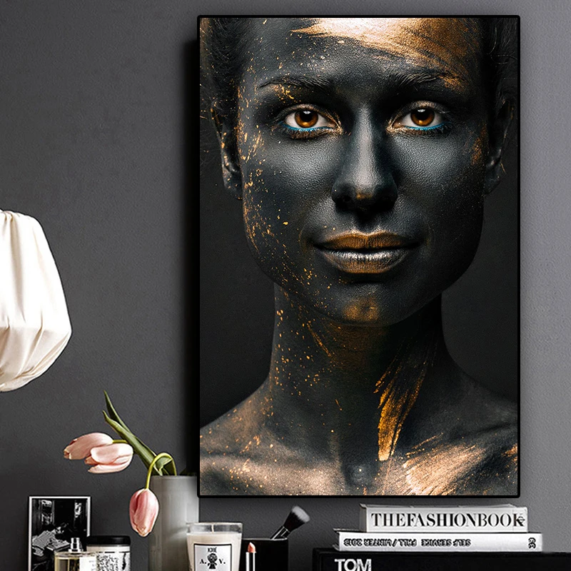 

Black and Gold Woman Oil Painting on Canvas African Art Cuadros Posters and Prints Scandinavian Wall Art Picture for Living Room