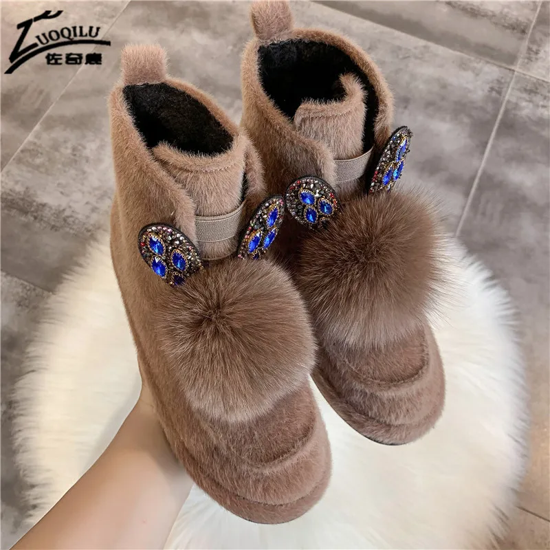 

New flat snow boots winter ladies warm shoes hair ball rhinestone ankle boots women winter shoes 2019 Factory sales women boots