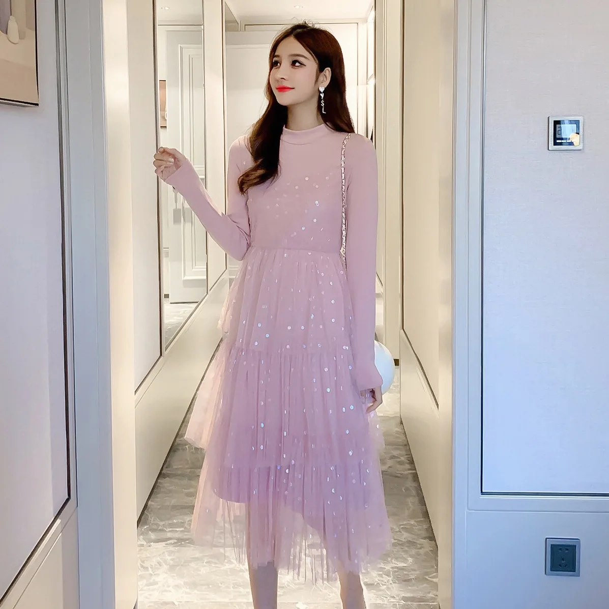

2020 Spring Clothing New Style Sweet Immortal Layers of Sequin Gauze Cake Dress Mid-length Spring Modern And Trendy/women