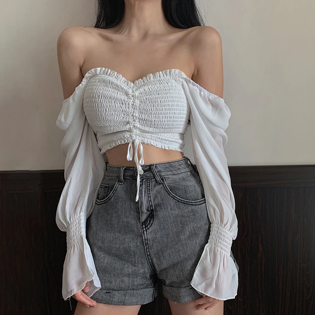 Women Tops And Bloues Sexy Women Long Sleeve Square Neck Shirt Drawstring Off Shoulder Blouse Crop Top